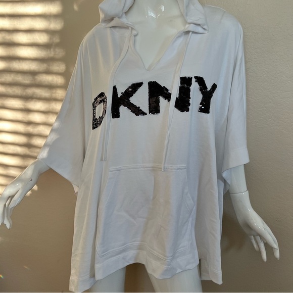 DKNY White Poncho Hooded Sweatshirt with Black Sequins Logo - Picture 4 of 9